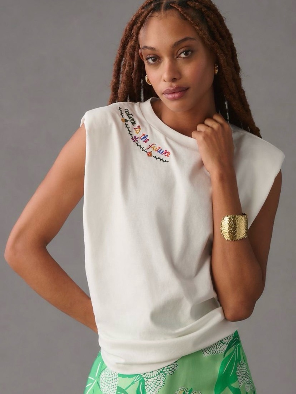 Farm Rio Nature is the Future Embroidered Sleeveless Cotton Muscle Tee Large